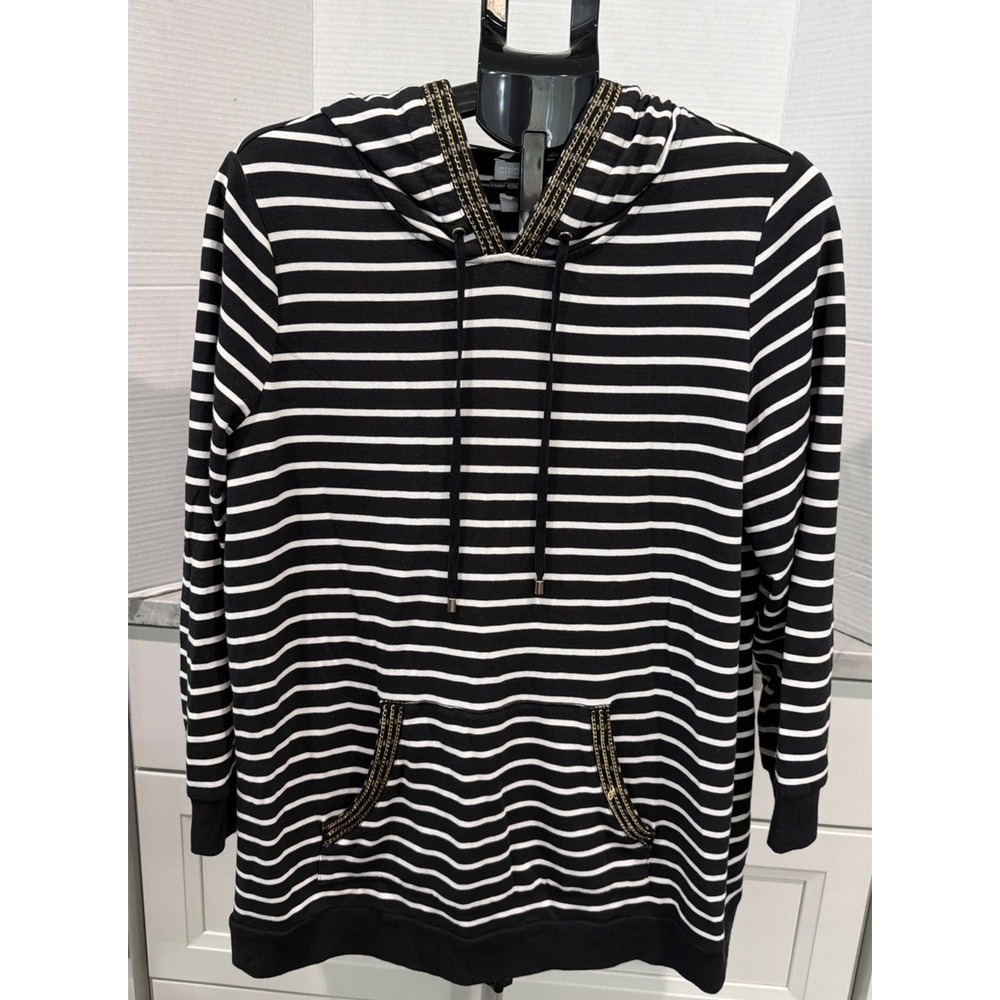 Chico's Zenergy Size 2 L 12-14 Black Ecru Chain Detail Striped Hoodie Tunic